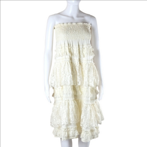 Rancho Estancia Smocked Strapless Layered Ruffle Lace Embroidery Midi Dr…